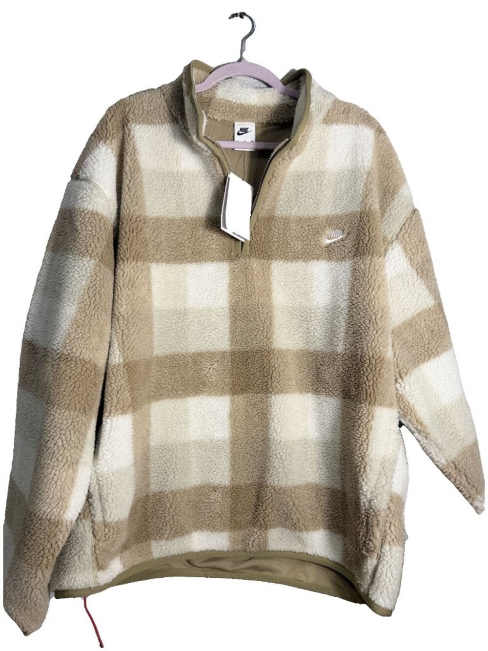Nike Club Sherpa Plaid Half-Zip Pullover Khaki/Cream Men's XXL NWT